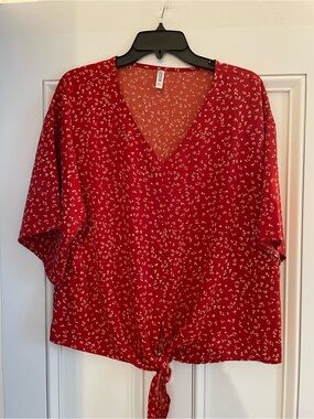 Red V-Neck Tie-Front Blouse with White Floral Print